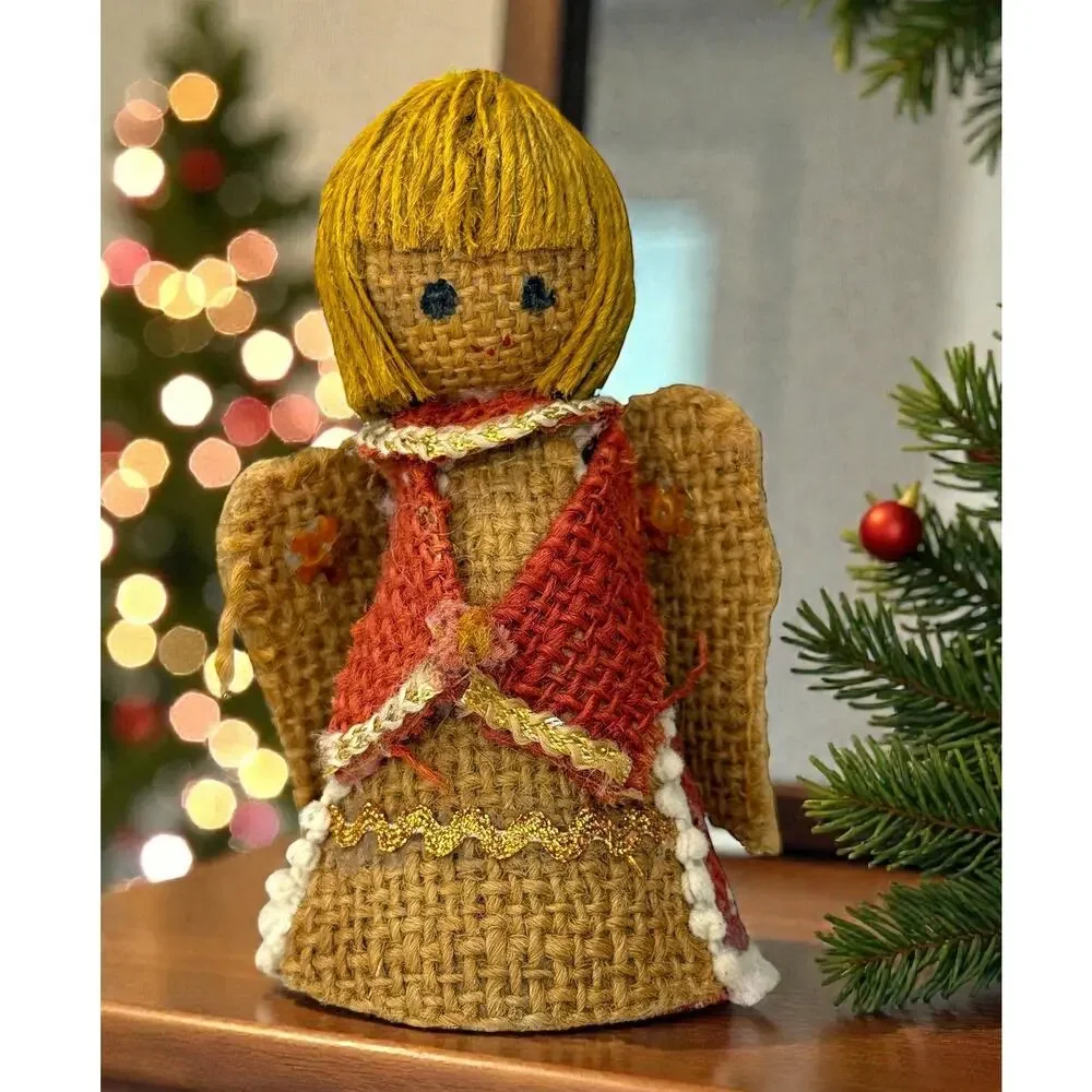 Vintage Handmade Ornament Burlap Jute Angel Mini Tree Topper or Ornament
